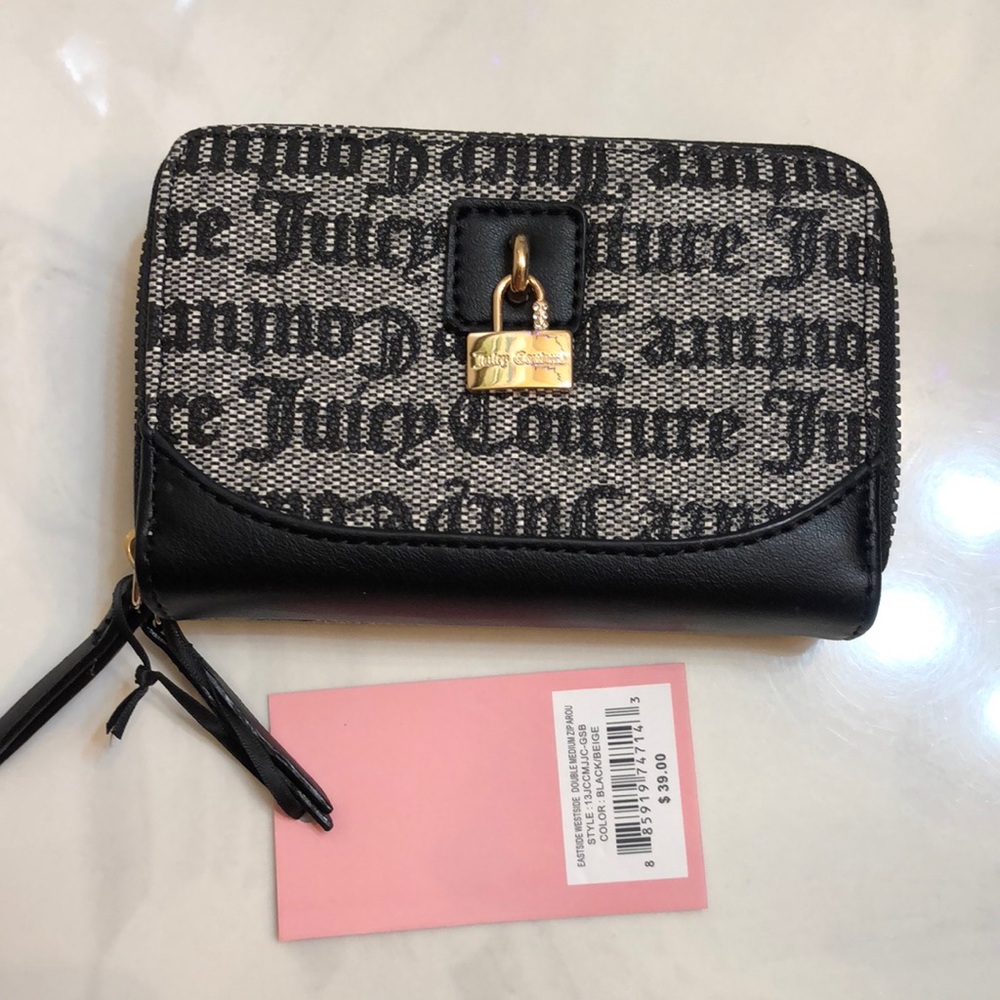 Juicy Couture Black Beige Eastside Westside Double Medium Zip Around Wallet NWT